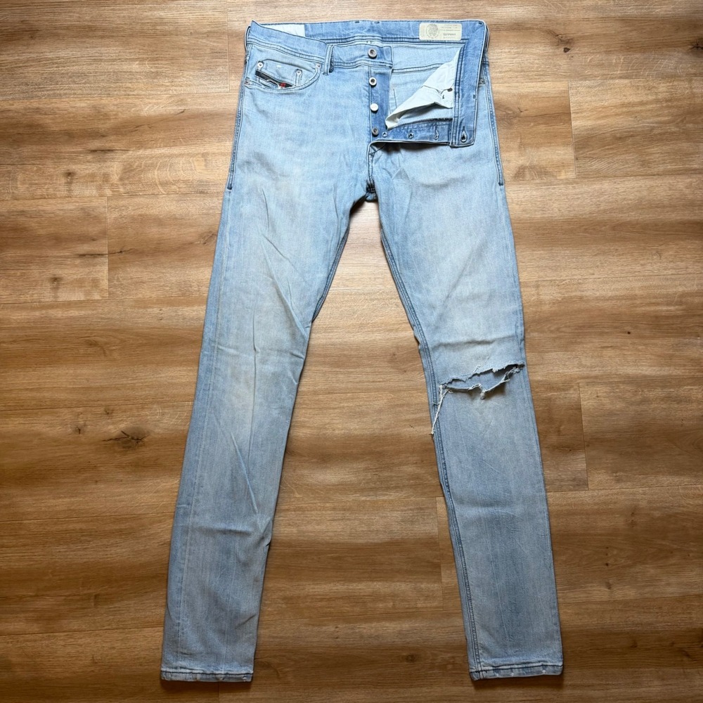 Diesel Tepphar Jeans Mens 33x34‎ Light Blue Slim Carrot Distressed Ripped Knee